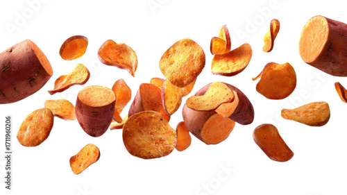 Sweet potato chips floating crunchy snack crispy fried vegetable food tasty treat object isolated on white background