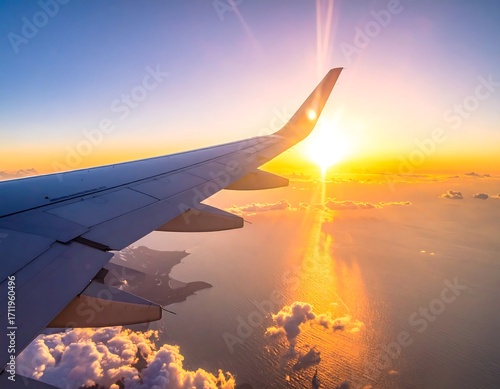 Airplane wing view of sunset over ocean