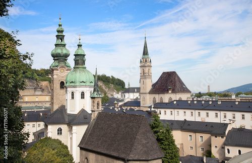 Salzburg - The look to churches Margarethenkapelle, St. Peter Abtei and Franziskanerkirche.