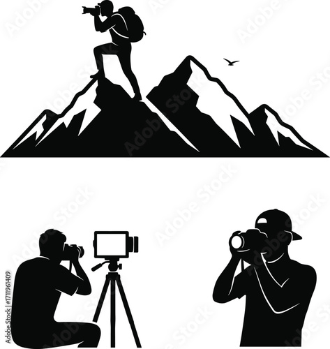 Photographer silhouette illustration, mountain photography, tripod setup, casual camera pose, black and white, DSLR, adventure, nature, outdoor, professional
