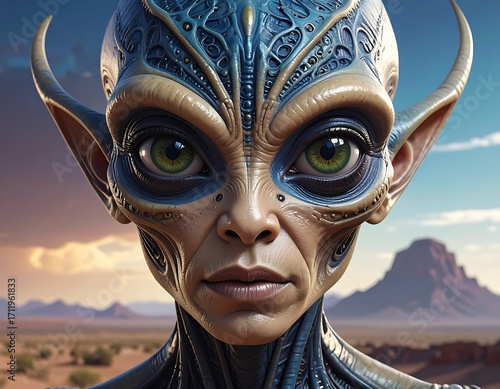 Alien female face in desert landscape
