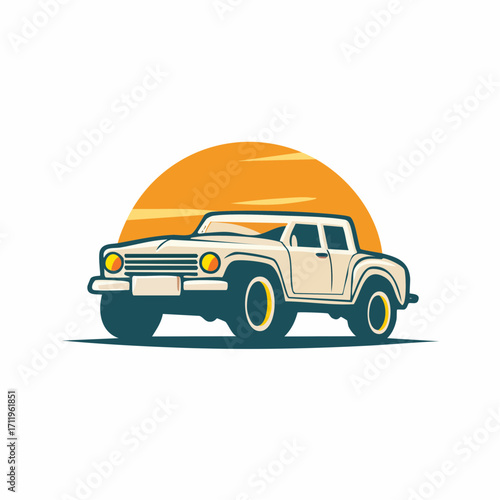 Stylized vintage pickup truck driving into a vibrant sunset, embodying the spirit of classic road trips, freedom, and timeless adventure on the open highway