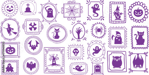Spooky Halloween stamp frame set in purple with ghost, pumpkin, bat, witch, cat, spider, skull, haunted house, and creepy icons. Perfect for party invitation, stickers, decoration, and festive design.