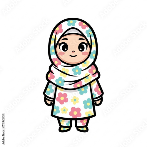 Illustration of cute cartoon girl wearing hijab with floral pattern