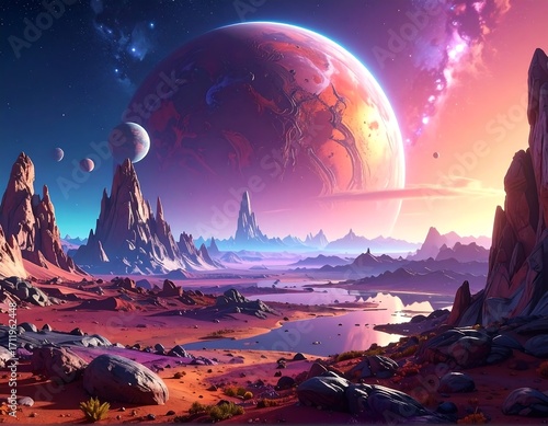 Alien landscape with a large, colorful planet