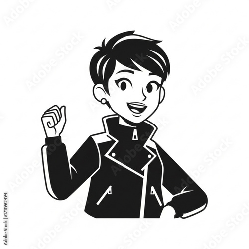 Illustration of young woman in leather jacket with short hair