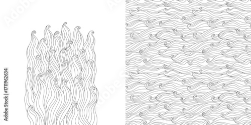 Hand drawn patterns with waves. Wavy curly hair seamless pattern, animal fur, black and white outline, abstract background, texture.