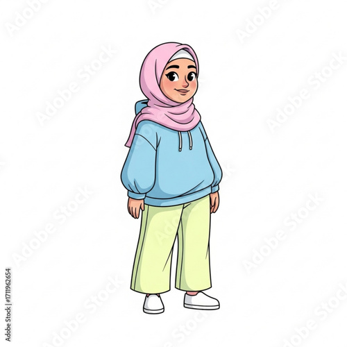 Illustration of young muslim girl wearing a hijab and casual clothes