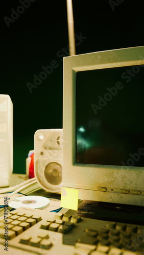 A room filled with a variety of appliances, including old computer equipment, creating a cluttered and tech-filled space with distortion and interference.