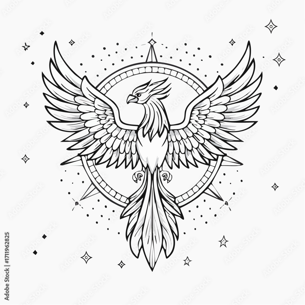 Obraz premium Mythical Phoenix Bird of Rebirth and Renewal with Celestial Starburst Emblem, Mystical Creature Illustration
