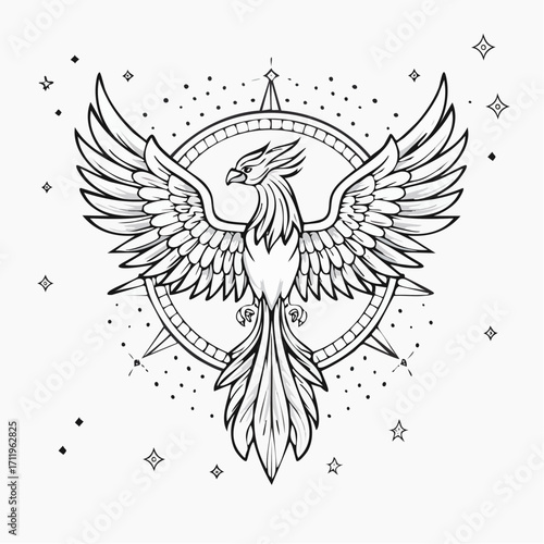 Mythical Phoenix Bird of Rebirth and Renewal with Celestial Starburst Emblem, Mystical Creature Illustration