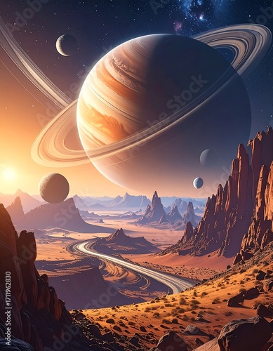 Alien landscape with planets and rings