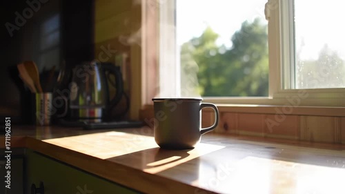 Hot steaming mug of coffee or tea sits on a kitchen counter by a window
