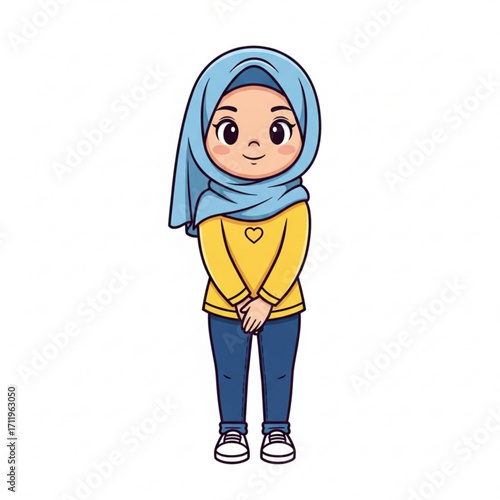 Illustration of cute cartoon girl wearing a blue hijab and yellow shirt