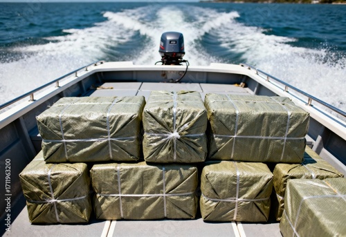 Speedboat transporting large wrapped packages across sea, concept of drug trafficking, narcotics smuggling, maritime security and law enforcement in international waters