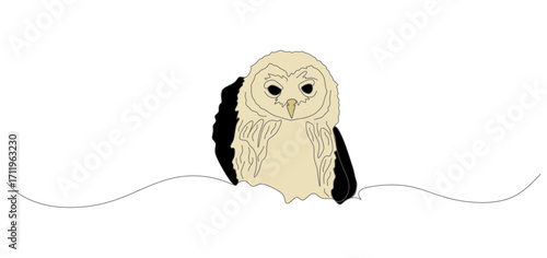 Continuous one line drawing of an owl perched and facing forward. Minimalist linear illustration symbolizing wisdom, nocturnal bird, wildlife, and nature. Simple elegant artwork representing animals