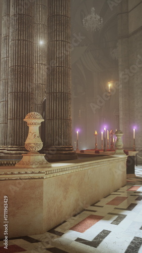 A room inside an old temple adorned with tall columns and flickering candles.