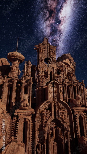 An ancient castle stands tall against a backdrop of a sky filled with twinkling stars, creating a majestic and timeless scene.