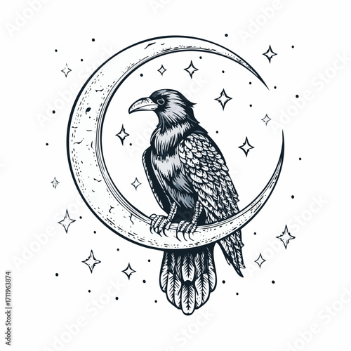 Mystical raven perched on a crescent moon surrounded by twinkling stars, a symbol of magic and mystery