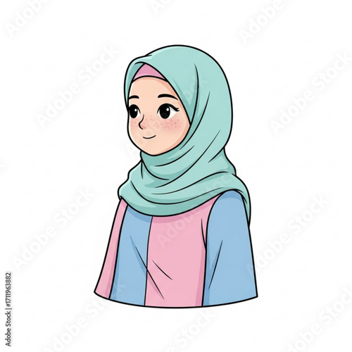Illustration of cute cartoon girl wearing a light blue hijab and colorful dress