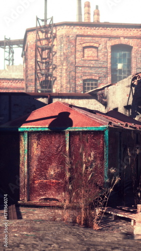 A vertical format capturing an old, rusted-out building next to a tall brick structure in an urban setting, vertical