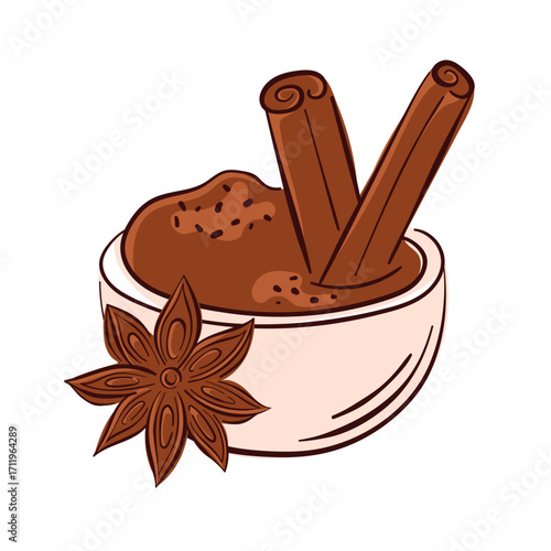 Bowl filled with cinnamon ground spice, decorated with cinnamon sticks and star anise isolated on white background. Ideal for food and seasoning design theme in flat style.