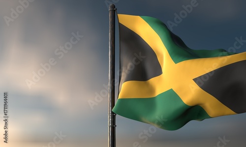 Jamaica's Symbol in the Wind: The Jamaican flag billows freely against a blurred backdrop of a tranquil sky. Its vibrant colors and iconic design speak volumes about the spirit of the island nation.