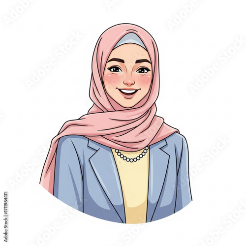 Illustration of young muslim woman wearing hijab and business suit