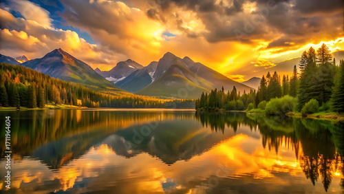 Fototapeta Naklejka Na Ścianę i Meble -  Golden sunset glow reflecting on peaceful mountain lake horizon