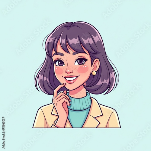Illustration of a smiling woman with purple hair wearing a yellow blazer and teal turtleneck