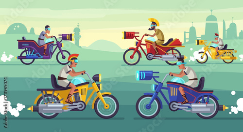 Cartoon Motorbike Delivery Riders on a Road.