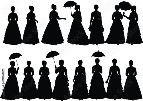 Victorian silhouettes, elegant women, parasol figures, black vector icons, vintage clothing, isolated outlines, grid layout, historical fashion, 19th century, antique style