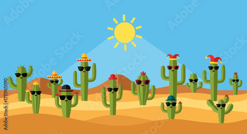 Cartoon Cacti with Sunglasses and Hats in a Desert Landscape.