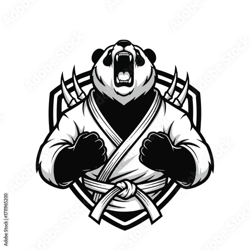 Aggressive panda mascot in a martial arts gi roaring with clenched fists, set against a shield emblem.