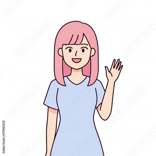 Illustration of young woman with pink hair waving hello