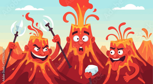 Cartoon Volcano Characters with Lava Erupting, Holding Weapons and Ice.
