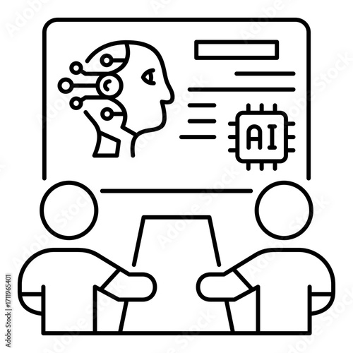A Group of People Working Together on a Large Digital Screen Displaying an AI Robot Head and a Computer Chip, Symbolizing Collaborative Problem-Solving, and the Development of AI and Modern Robotics.
