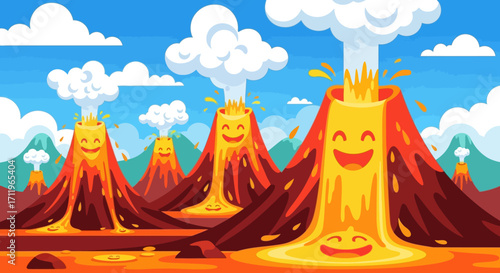 Cartoon Volcanoes with Smiling Faces Erupting Lava in a Whimsical Landscape.