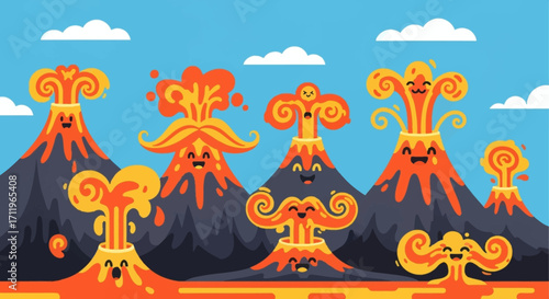 Cartoon Volcanoes Erupting with Lava and Faces.