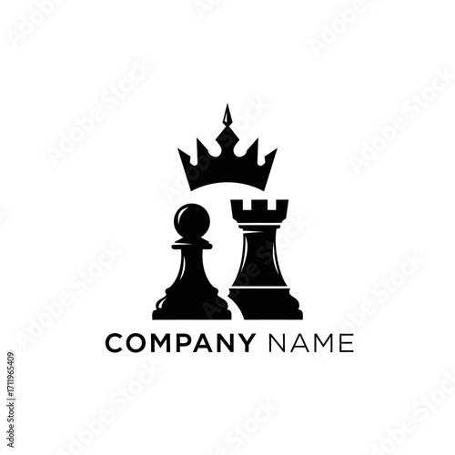 Chess Pieces with Crown Logo Design for Company Branding.