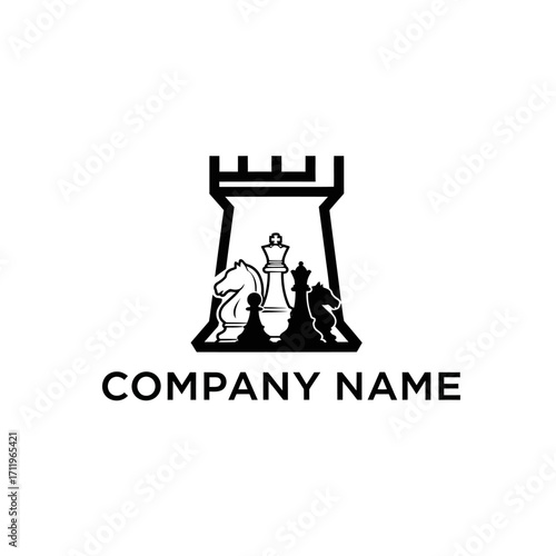 Chess Pieces Inside a Rook Silhouette Logo Design.