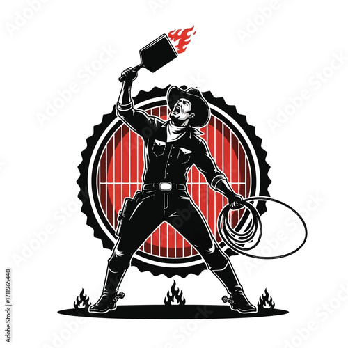 A cowboy with a spatula on fire and a lasso, standing in front of a grill, symbolizing barbecue and grilling.