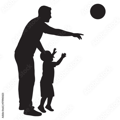 Silhouette of a father and child playing with a ball in the air, representing family fun and outdoor activities
