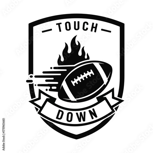 Black and white shield logo with a flaming football and 'TOUCH DOWN' text, symbolizing American football achievement and dynamic play.
