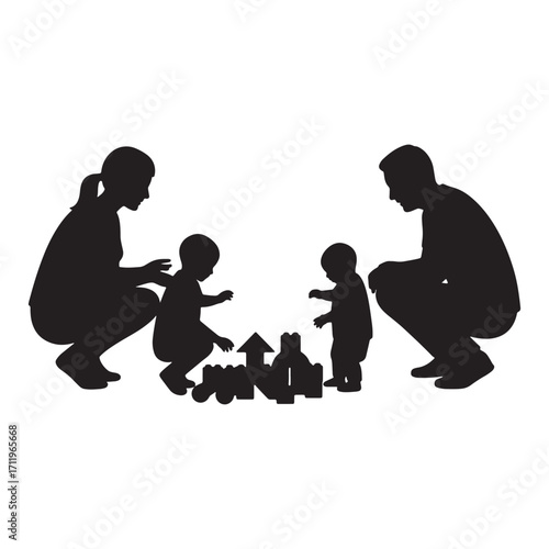 Family playtime silhouette parents and children building with blocks