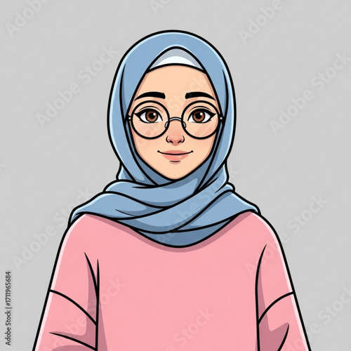 Illustration of a cartoon illustration of a young woman wearing a blue hijab and glasses