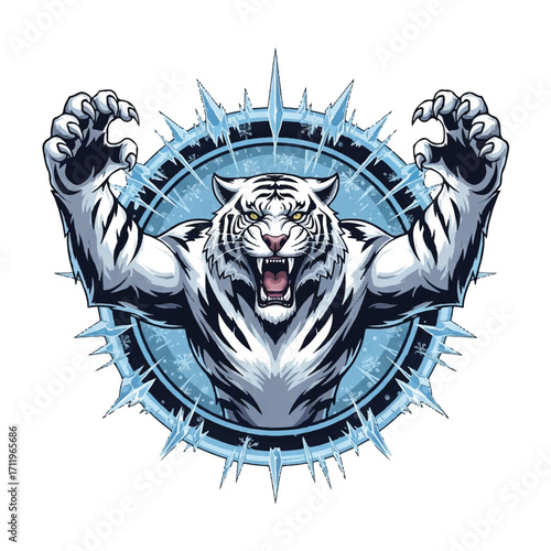 White tiger roaring with ice shards in the background, vector illustration.