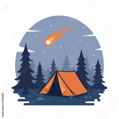 A vibrant flat 2D vector illustration showcases a cozy tent pitched in a serene forest clearing at night, where a bright shooting star illuminates silhouetted trees and tranquil nature.