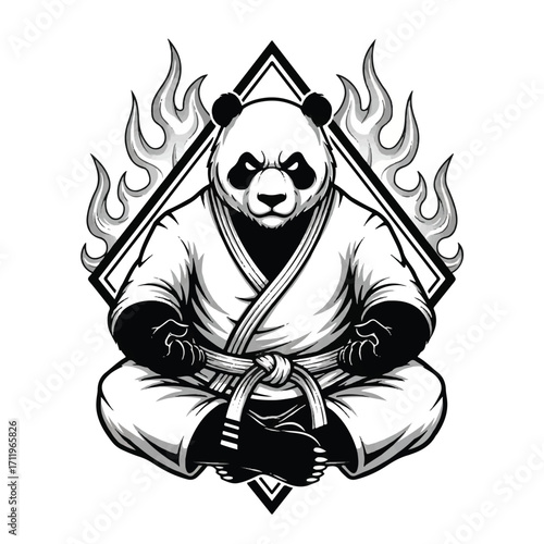 Intense panda martial artist in a gi, sitting in a meditative pose with flames and a diamond background, black and white illustration.