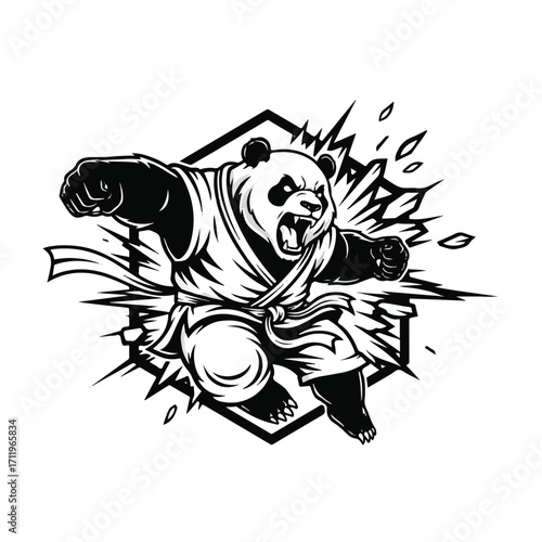 Aggressive panda in karate gi, striking pose, breaking through a geometric shape, black and white illustration.